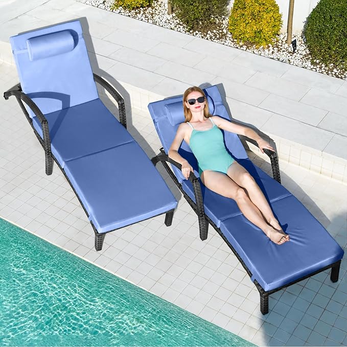 Chaise Lounge Chairs Outdoor Set of 2, Comfy Outside Wicker Patio Pool Lounge Chair w/ 5 Adjustable Back Angle, Cup Holder, Thicken Cushion