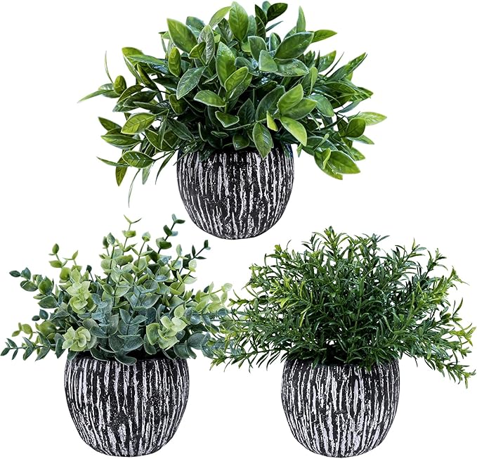 Winlyn Set of 3 Artificial Potted Plants Faux Eucalyptus Rosemary Boxwood Greenery in Black & White Concrete Pots Small Fake Plant for Indoor Outdoor Home Office Table Shelf Windowsill Greens Décor