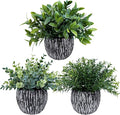 Winlyn Set of 3 Artificial Potted Plants Faux Eucalyptus Rosemary Boxwood Greenery in Black & White Concrete Pots Small Fake Plant for Indoor Outdoor Home Office Table Shelf Windowsill Greens Décor