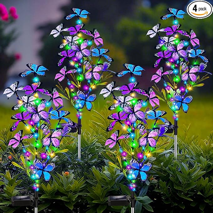 Solar Garden Lights Outdoor, Waterproof 4 Pack Solar Butterfly Lights with 60 LED 12 Butterfly Colorful Lighting for Garden Yard Lawn Outdoor Decor, Gift for Mom Women Mother's Day
