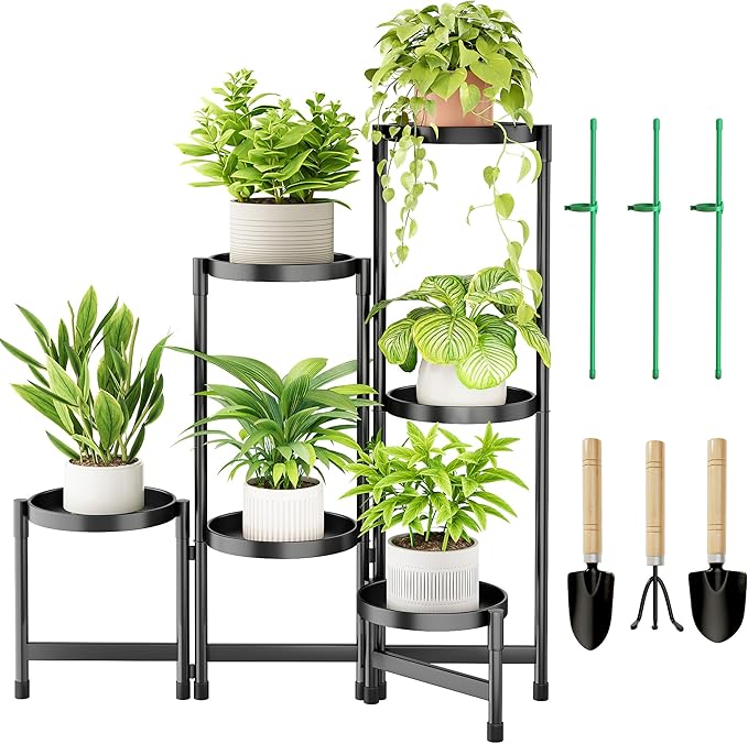 6 Tier Plant Stand Indoor, Tiered Plant Stand Outdoor for Multiple Plants, Corner Plant Shelf for Patio Balcony Porch Garden Living Room House, Black