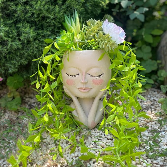 Head Planter Pot for Plants - Face Flower Pots Indoor Outdoor, Cute Succulent Head Planter, Creative Plant Pots With Drainage, Resin Cactus Planter Coffee Table Decor, Women/Mother Vase Gifts Ideas
