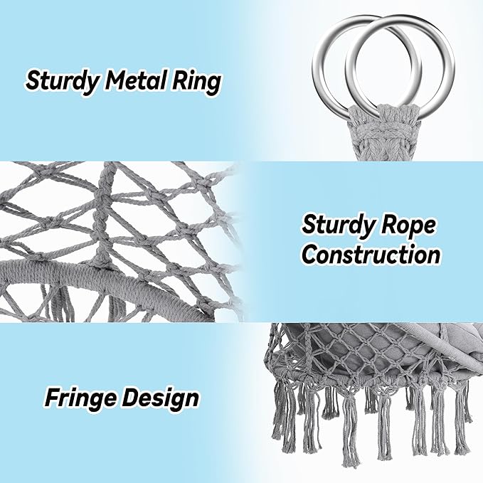 Macrame Hammock Hanging Swinging Chair with Oversized Cushion, Perfect for Bedroom, Porch, Kids, Adults, Balcony, Grey