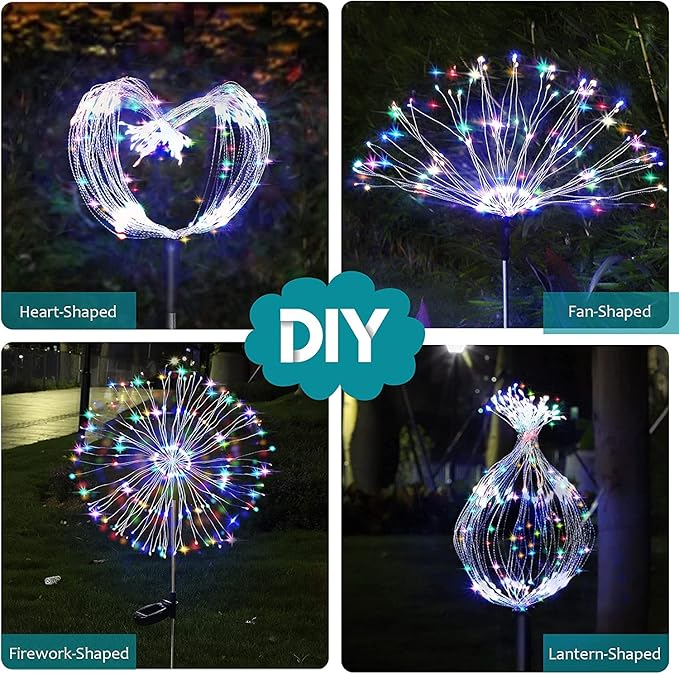 JJGoo Solar Firework Lights, 2 Pack 180 LEDs 2 Lighting Modes Solar Lights Outdoor Waterproof for Garden Patio Walkway Pathway Party Wedding Christmas Decorative - Colorful