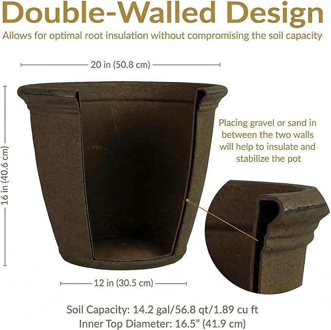 Sunnydaze 20-Inch Anjelica Large Plastic Pot for Plants - Outdoor Double-Walled Large Plastic Planter with Drillable Drainage Holes - Rust - 4pk