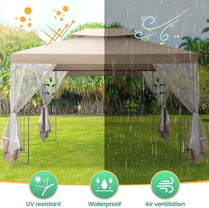 COBIZI Gazebo 10x13 Heavy Duty Gazebos with Improved Nettings Outdoor Gazebo Double Roof Patio Gazebos with Metal Steel Frame Outdoor Canopy for Patio, Deck, Backyard (Khaki)