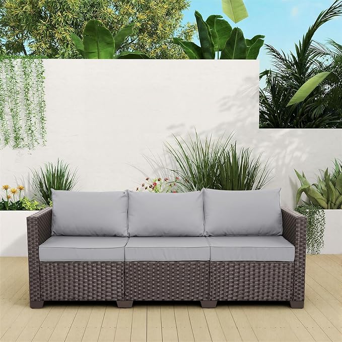 Rattaner Patio Furniture 3 Seat Sofa Outdoor Furniture Outdoor Couch Deep Seat High Backrest with Waterproof Cover Anti-Slip Cushions with Waterproof Cover, Light Grey