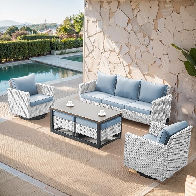 Belord 6 Piece Outdoor Furniture Patio Wicker Sofa Set, Oversize Outdoor Swivel Rocker Chairs with Rattan Ottomans, Conversation Sets Patio Furniture Come with Removable Cushion Baby Blue, Light Grey