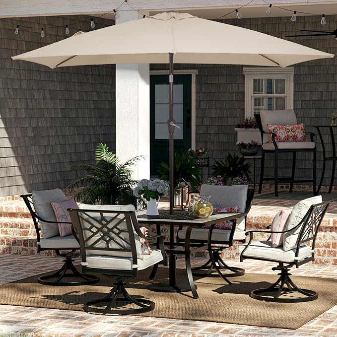 JEAREY 6.5x10 ft Rectangular Patio Umbrellas Rectangle Outdoor Umbrella with Push Button Tilt and Crank, Market Table Umbrella 6 Sturdy Ribs UV Protection for Poolside Garden Backyard Deck, Beige
