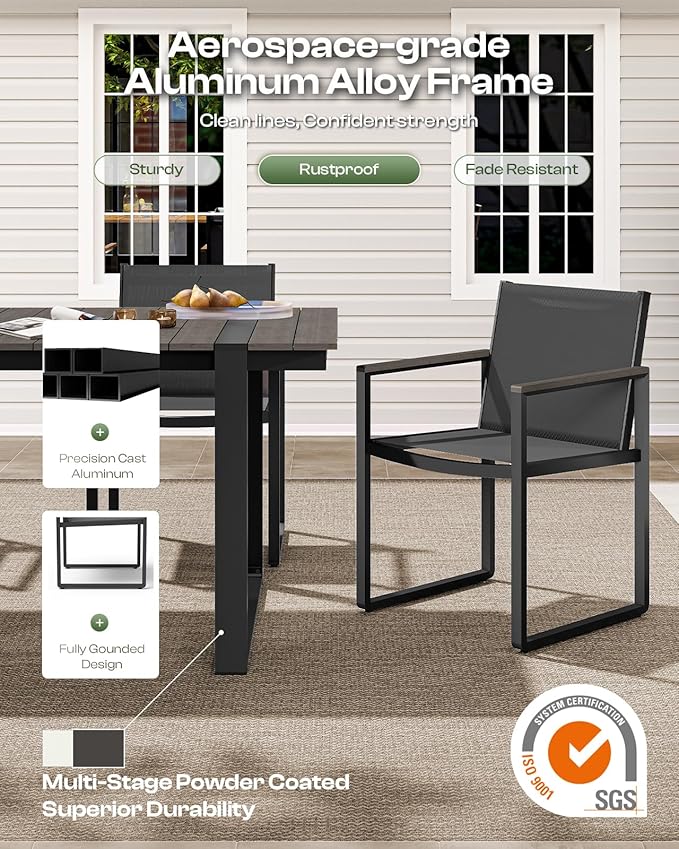 Outdoor Table and Chairs of 4, Patio Dining Sets, HDPS + Aluminum Outdoor Furniture Set with Umbrella Hole, Patio Dining Table Set (Charcoal)