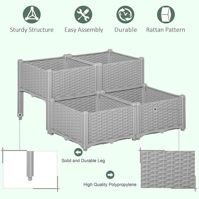 Outsunny 4 Piece Raised Garden Bed with Legs, Planter Box Raised Bed to Grow Flowers, Herbs & Vegetables, Gray