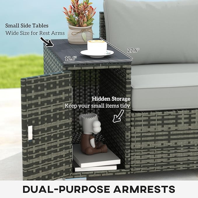 Outsunny 3 Seater Wicker Sofa with 2 Storage Side Tables and Thickened Cushions, Rattan Outdoor Patio Sofa with Wide Armrests, Wicker Outdoor Couch for Porch, Garden, Backyard, Gray