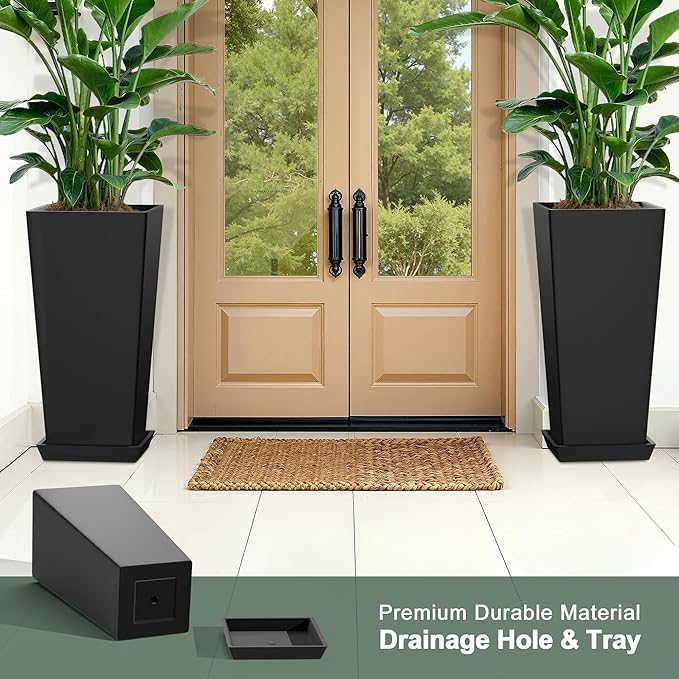24" Set of 2 Tall Black Planters for Outdoor Plants, Large Flower Pots Planters with Drainage Holes & Tray, Modern Indoor Tapered Planter for Front Porch