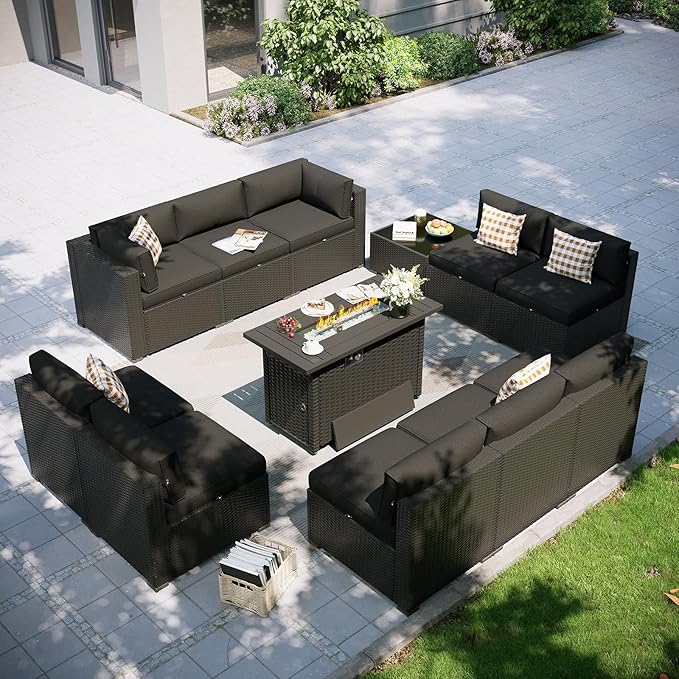 Aoxun Patio Furniture Set with Fire Pit Table, 12 Piece Outdoor Sectional Sofas, 10 Seats Wicker Rattan Outdoor Furniture with Thickened Cushion for Backyard, Garden Black