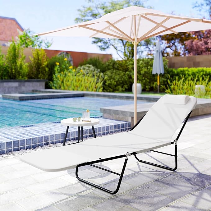 Outsunny Folding Chaise Lounge Chair, Pool Sun Tanning Chair, Outdoor Lounge Chair with Reclining Back, Breathable Mesh Seat, Headrest for Beach, Yard, Patio, Cream White