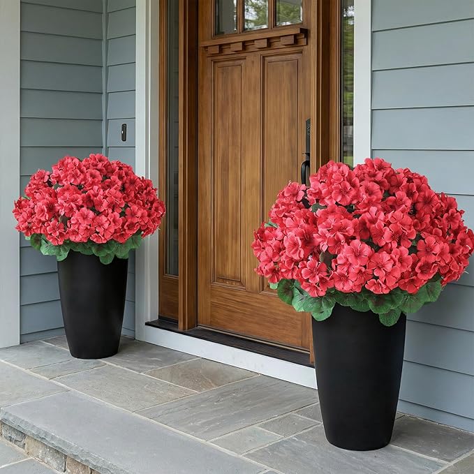 2 Pack Artificial Geranium Flowers Topitary Trees for Outdoors, UV Resistant Geraniums Potted Bushes Look Real Silk Faux Plants for Front Door Garden Porch Planter Farmhouse Home Decor (Red)