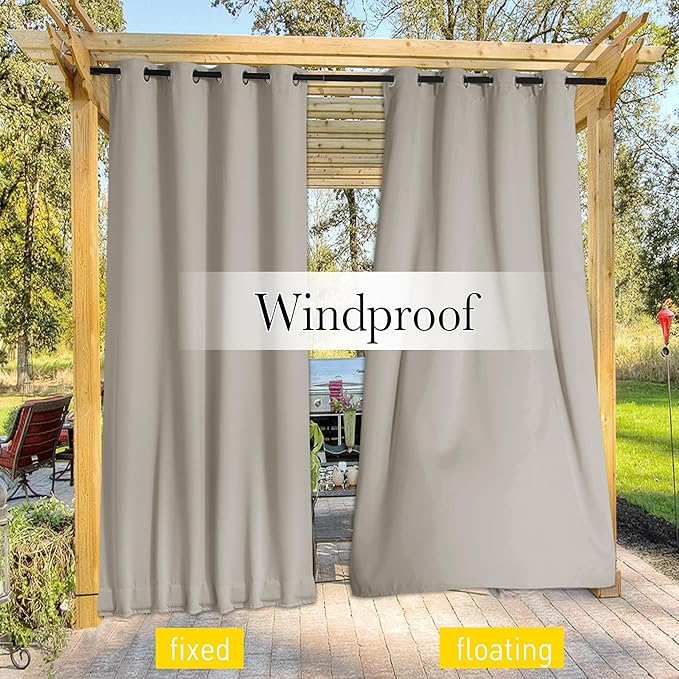 NICETOWN 2 Panels Fixed Outdoor Curtains for Patio Waterproof, Top & Bottom Grommet & Back Tab Windproof Drapes Thermal Insulated Blackout Outdoor Blinds for Porch/Gazebo, W52 x L84, Natural