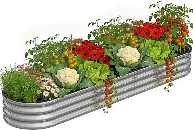 Galvanized Metal Raised Garden Bed Kit for Outdoor Planter Boxes with Easy Assembly,Oval Large Galvanized Gardening Raised Bed for Vegetables, Fruits, Flower (Silver, 8 * 2 * 1ft)