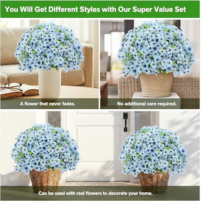 Artificial Flowers for Outdoor Indoor,Silk Flowers No Fade Fake Plastic Flowers Faux Plants for Outdoors Outside Front Porch Hanging Planter Window Box Garden Home Decoration,13 Pack(Blue)