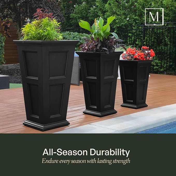 Mayne Fairfield 28-Inch Tall Planter, 2-Pack – Self-Watering, Weather-Resistant Planter for Flowers – Durable Outdoor Design for Patio, Porch, or Entryway