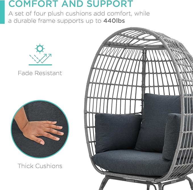Best Choice Products Wicker Egg Chair, Oversized Indoor Outdoor Lounger for Patio, Backyard, Living Room w/ 4 Cushions, Steel Frame, 440lb Capacity - Gray/Charcoal