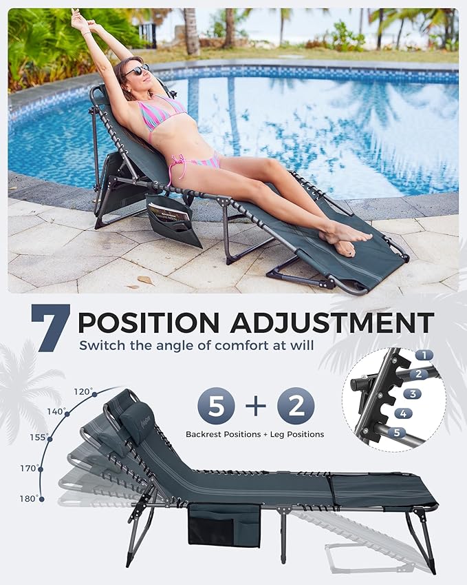 KingCamp Tanning Chair with Face Hole, Lounge Chairs Outdoor Folding Comfy Adjustable 5-Position Foldable Chaise Chaser with Canopy Shade for Outside Beach Patio, Blue/Grey