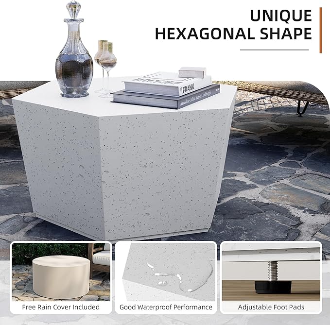 UPHA Outdoor Hexagon Coffee Table, Small Modern Minimalist Accent Tables, Low Light Concrete Center Table for Living Room, Outside Patio, Deck, 28×24.2×15.4, Off-White