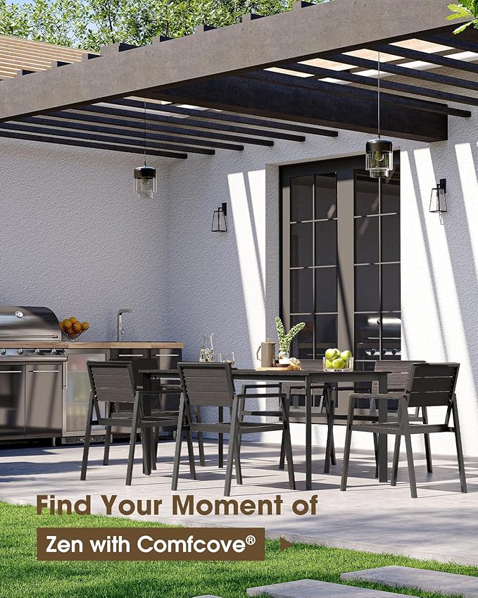 Outdoor Patio Dining Sets, Aluminum 5 Piece HDPS Outdoor Dining Table and Chairs Set with Umbrella Hole, Modern Rectangular Patio Furniture Set with All-Weather Table and 4 Chairs (Charcoal)