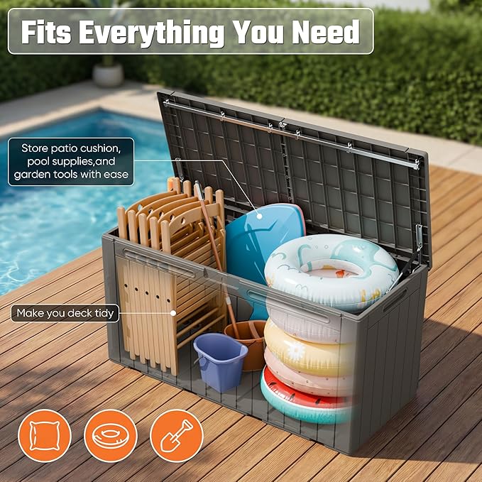 Greesum 110 Gallon Outdoor Storage Box with Lockable Lid, All-Weather Solution for Patio Furniture, Pool Supplies & Garden Tools, Waterproof, UV-Resistant Large Deck Box, Light Coffee