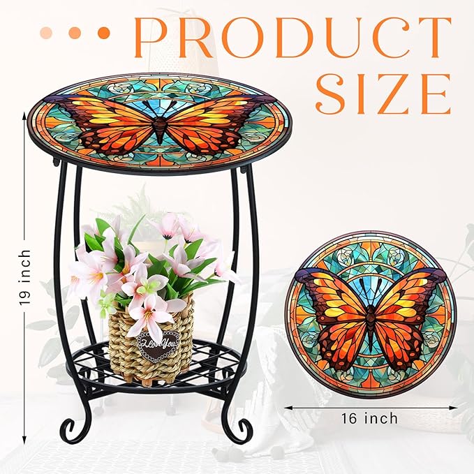 Outdoor Side Table Round Small Mosaic Patio Accent Indoor End Plant Coffee Tea Table for Yard Patio Porch Garden Living Room, Bedroom(Butterfly B Style,16 Inch)