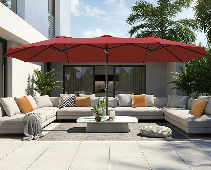 SUPERJARE 15FT Outdoor Umbrella for Patio, Double sided Pool Umbrellas with Fade Resistant Canopy, Large Table Umbrella for Deck, Market, Backyard - Burgundy