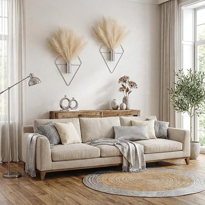 2 Pieces Wall Decor Hanging Planters with Artificial Plants Metal Hanging Vase Indoor Plants Holder Modern Boho Wall Art for Bathroom Bedroom Living Room Decor(Silver,Pampas Grass)