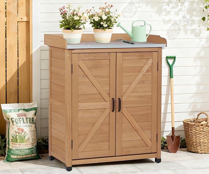 Outdoor Potting Bench with Storage Cabinet and Metal Top, Wood Workstation for Outdoor Patio, Garden (Light Brown, 31.5x17x39‘’)