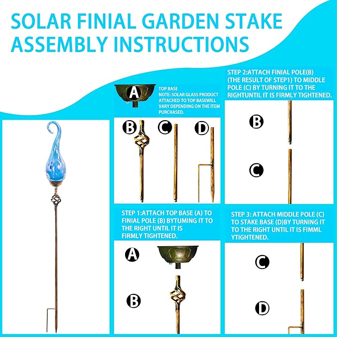 Garden Solar Lights Outdoor, Decorative LED Pearlized Glass Spiral Garden Stake with Finial, Hand Blown Glass and Metal Outdoor Decoration, 3 x 36 Inch (Light Blue)
