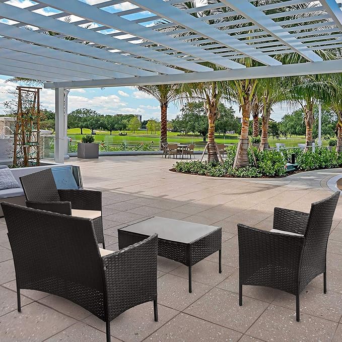 Homall 4 Pieces Outdoor Patio Furniture Sets Rattan Chair Wicker Set,Outdoor Indoor Use Backyard Porch Garden Poolside Balcony Furniture (Black and Beige)