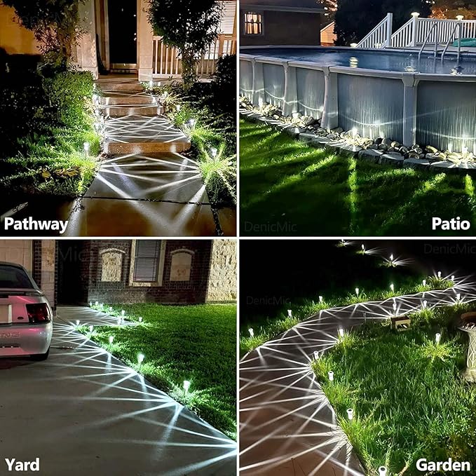 DenicMic Solar Lights Outdoor 10 Pack Waterproof 6000K Cold White LED Stainless Steel Stake Outside Lights for Yard Pathway Garden Driveway Walkway Landscape Path Lighting