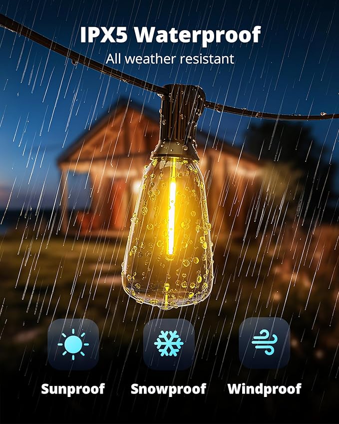 VIPAR Outdoor String Lights 25FT LED Patio Lights IPX5 Waterproof with 10+1 ST38 Shatterproof Edison Bulbs, 2700K Connectable Outside Hanging Light for Porch, Garden, Backyard, Deck, Balcony, Decor