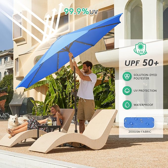 JEAREY 9FT Outdoor Patio Umbrella with Solar Lights, LED Lighted Pool Umbrella with Tilt and Crank, Outdoor Table Umbrellas for Deck, Yard & Market (Royal Blue)