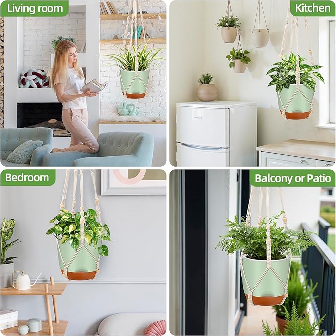 2-Pack 7.2-Inch Self-Watering Hanging Planters for Indoor & Outdoor Plants,34-Inch macrame hanger plant pots indoor with drainage,Small Hanging Planters & Baskets in Green,With two sets of hooks