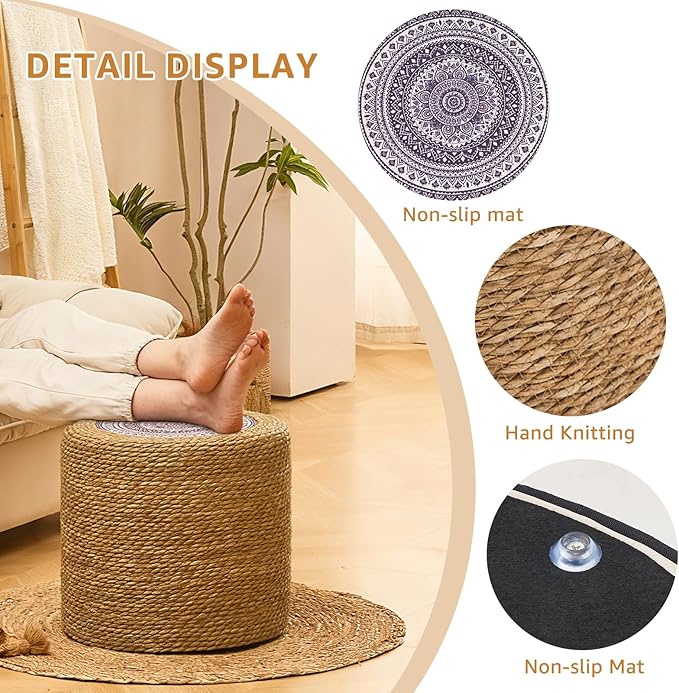 Wimarsbon Round Pouf Ottomans, Handwoven Natural Water Hyacinth Seagrass Pouffe,Outdoor Rattan Stool Accent Seat, Bohemian Coastal Home Decor (18inch Natural Cattail-Boho 2)