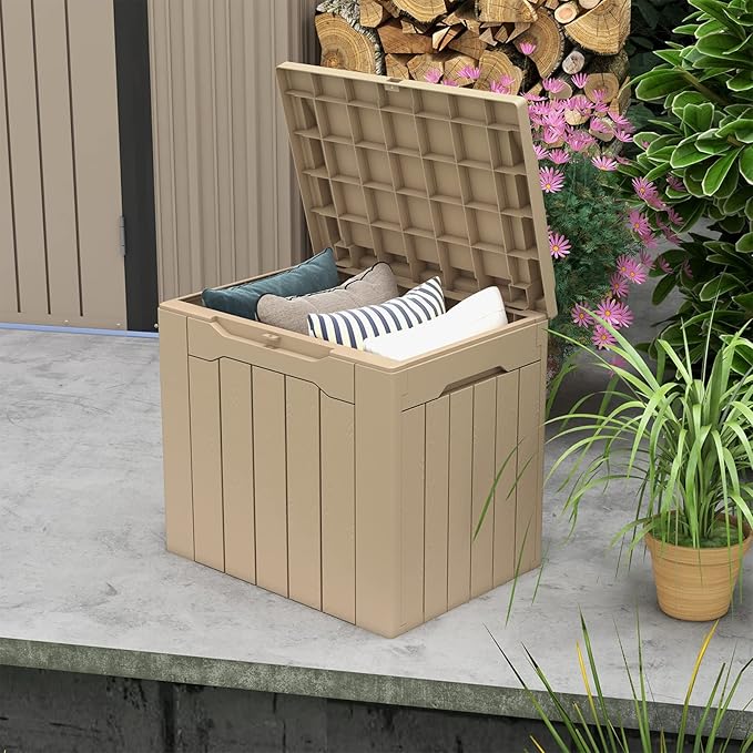 Patiowell 30 Gallon Resin Deck Box, Outdoor Storage Box for Patio Furniture, Deliveries, Pool Supplies,Waterproof and Lockable, Light Brown