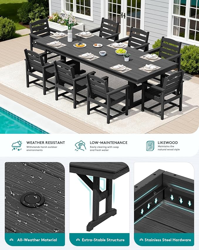 SERWALL 9 Piece Outdoor Dining Set, 84" HDPE Outdoor Table and Chairs for 8，All Weather Patio Furniture Set with Umbrella Hole for Backyard, Garden, Black