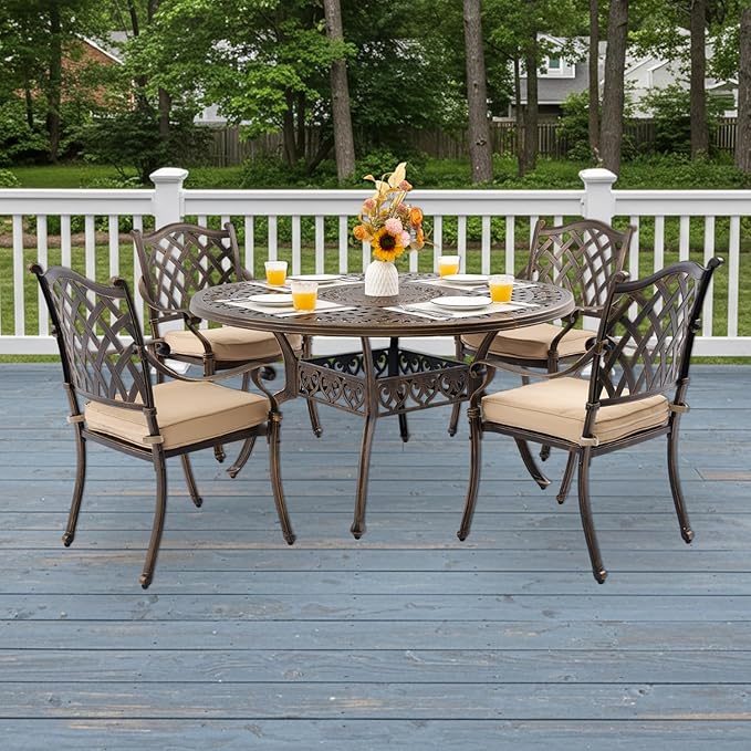 5-Piece Cast Aluminum Patio Furniture, Outdoor Dining Sets for 4 Include 54" Round Patio Dining Table and 4 Stackable Chairs with Cushions & Umbrella Hole (Bronze)