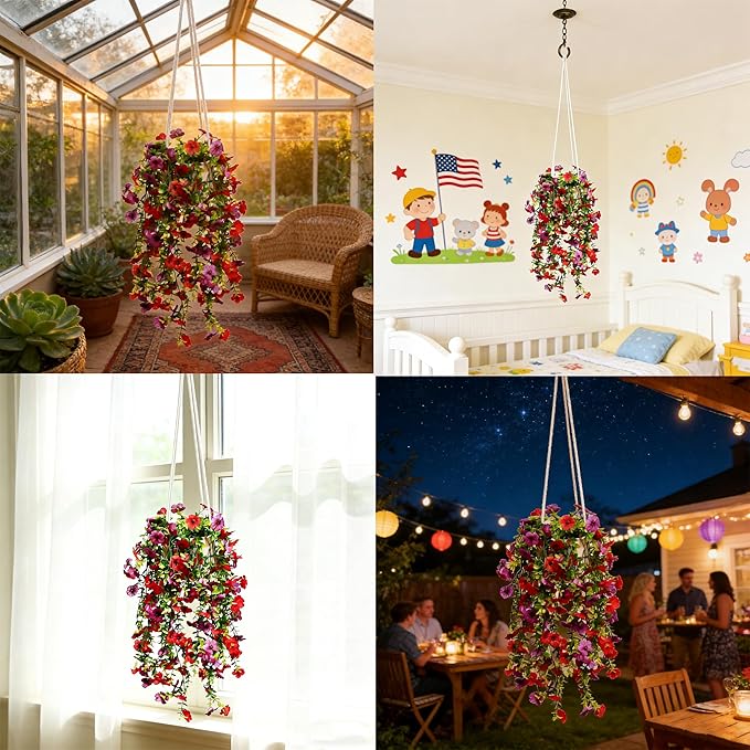 Artificial Flowers for Outdoors Fake Hanging Plants with Pot, 4pcs Silk Colorful Flowers UV Resistant Realistic Hanging Planter Faux Flower for Outside Porch Patio Home Garden Yard Decoration