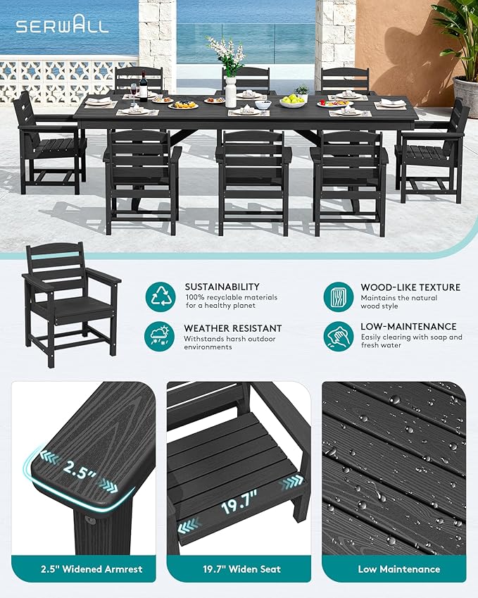 SERWALL 9 Piece Outdoor Dining Set, 84" HDPE Outdoor Table and Chairs for 8，All Weather Patio Furniture Set with Umbrella Hole for Backyard, Garden, Black
