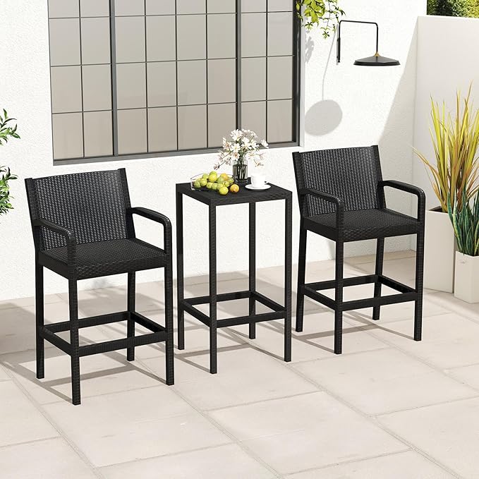 COSTWAY 3 Pieces Patio Bar Set, Modern Outdoor Bistro Set with 2 Chairs and 1 Square Bar Table, Curved Backrest and Armrests, Metal Frame, for Garden, Balcony, Poolside, Black