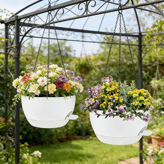 2 Pack 12 Inch Self Watering Hanging Planters for Indoor Plants, Large White Plastic Hanging Pots with Chains for Outdoor Patio Garden Home Decor White