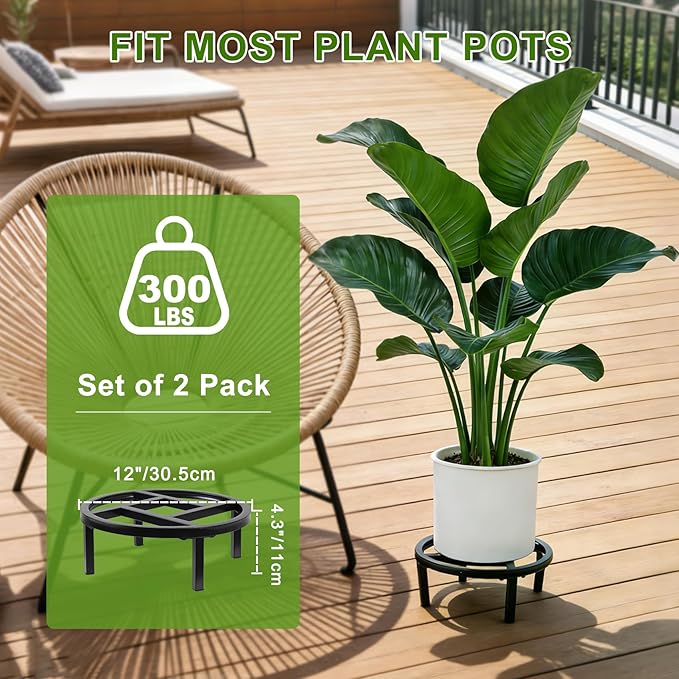 Metal Plant Stand Indoor Outdoor, Heavy Duty Plant Riser, Sturdy Flower Pot Holder Low Planter Stand, Single Flower Pot Stands, Modern Planter Stool for Indoor Plants (Black, 11.8"-2PCS)