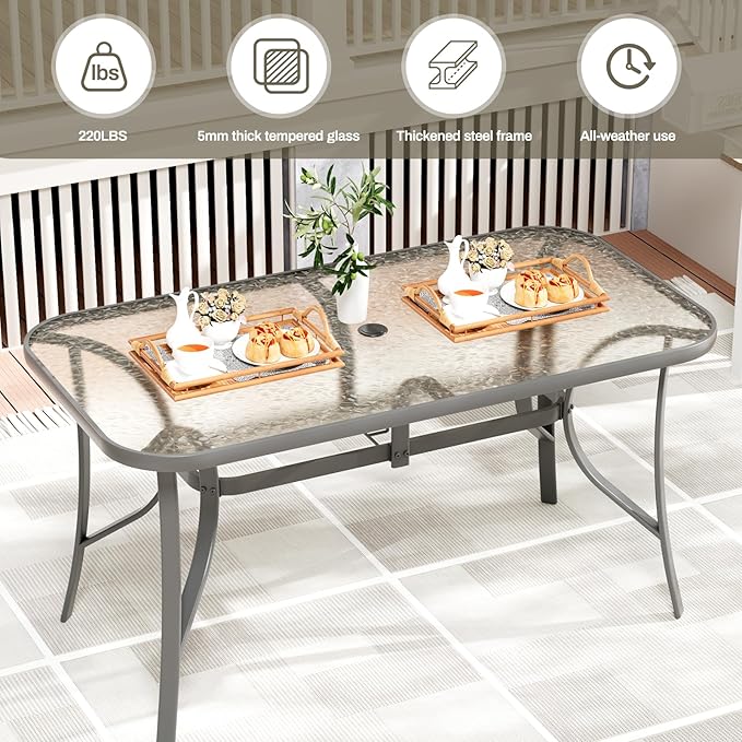 TLSUNNY Patio Outdoor Table W/ 1.69″ Umbrella Hole, 30"X 55" Rectangular Tempered Glass Patio Dining Table for 6, Outdoor Metal Furniture, All-Weather Use, for Patio, Graden, Backyard (Grey)