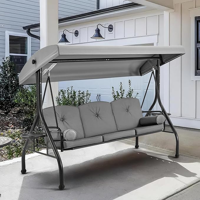 HOMREST 3 Seat Outdoor Porch Swing with 1.5" Deep Cup Holder, Adjustable Canopy,Patio Swing Bed with Stand, Patio Glider Swing with Thicken Cushions, Pillow（Grey）